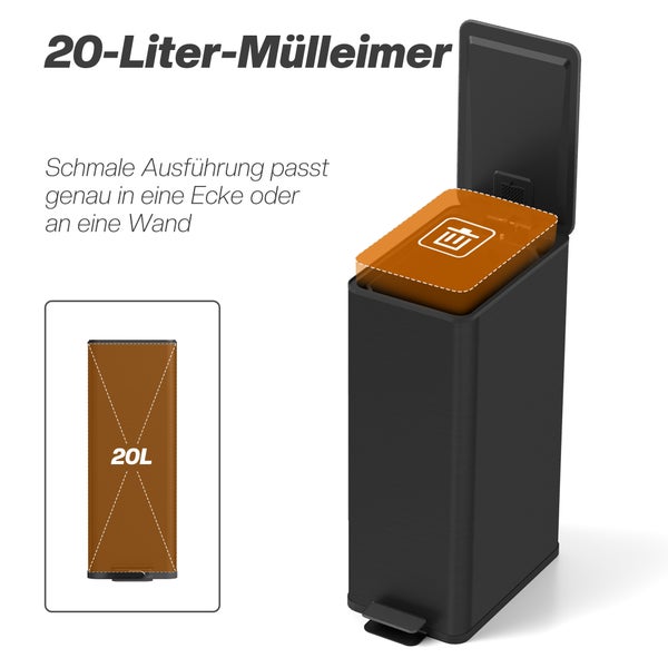 Schmaler 20 Liter Tretmülleimer in Schwarz, platzsparendes Design für Ecken und Wände.