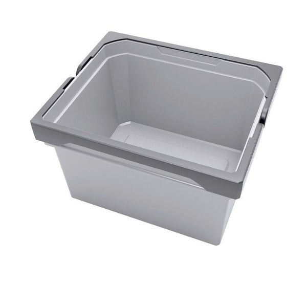 Rechteckige Aufbewahrungsbox aus Kunststoff in Grau mit verstärktem Rand.