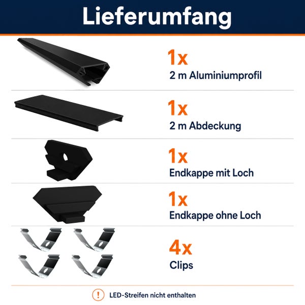 Lieferumfang LED Aluminiumprofil Set mit 2 Meter Profil Abdeckung Endkappen und Clips ohne LED Streifen
