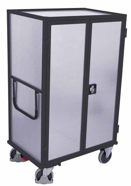 Mobiler Aufbewahrungsschrank mit Doppeltüren, Schließmechanismus, seitlichem Schiebebügel und vier Lenkrollen.