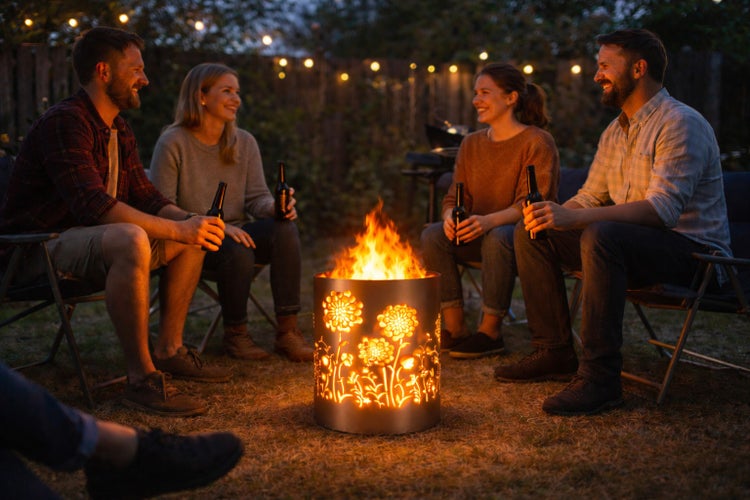 Szene mit einer Gruppe von Freunden, die um eine Feuerstelle mit Blumenmuster sitzen und Getränke genießen