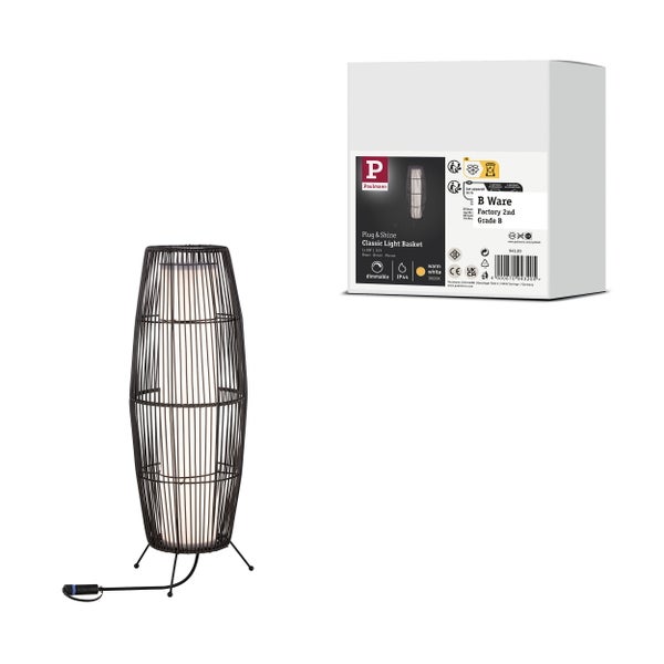 Moderne Stehleuchte aus Rattan mit zylindrischem Korpus und filigranem Metallgestell für den Innenbereich