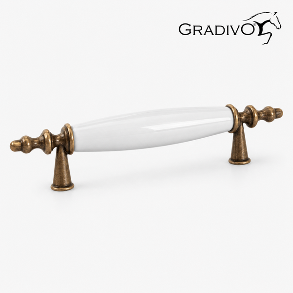 Möbelgriff aus Keramik und Metall im antiken Design, Gradivo Logo.