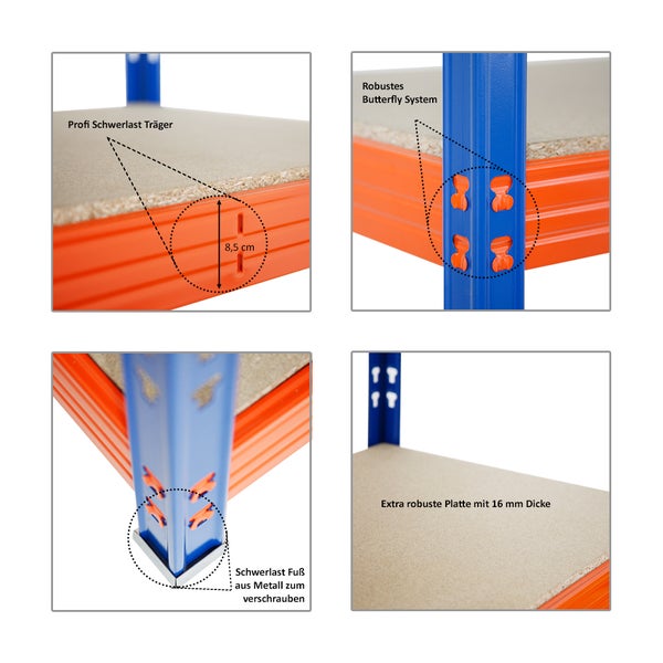 PROREGAL Mega Deal 2x Profi Schwerlastregal Rhino HxBxT 180 x 200 x 60 cm 4 Spanplatten-Ebenen 16mm Fachlast 500 kg Blau-Orange