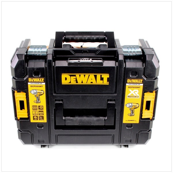 DeWALT TSTAK Werkzeugkoffer für den 18 Volt Lithium Ionen Schlagschrauber Modell DCF899NT mit Tragegriff und gelben Verschlüssen.