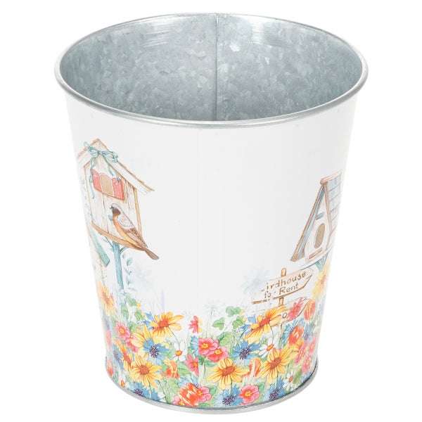 Zink-Pflanztopf mit Illustration von Blumen und einem Vogelhaus.