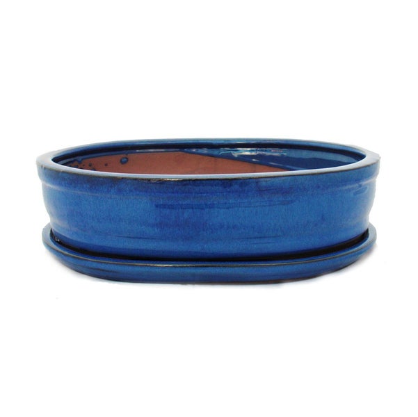 Bonsai-Schale mit Unterteller Gr. 5 - Blau - oval - Modell O7 - L 31cm - B 24cm - H 7,5 cm