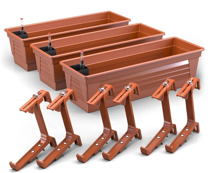 Plastard Blumenkasten 3er Set 80 cm lang mit Hydroeinsatz Wasserstandsanzeiger und Balkonhalterung Pflanzkasten Farbe Terrakotta