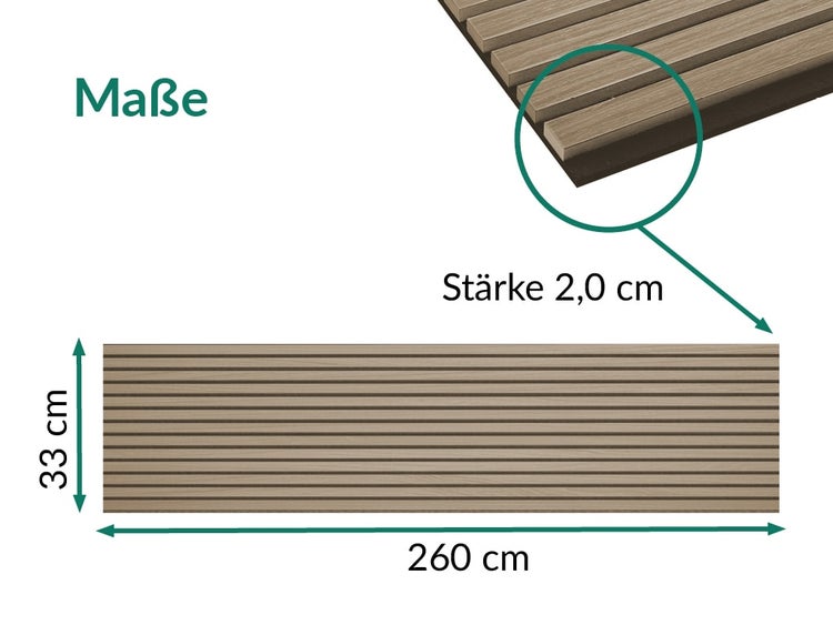 Technische Zeichnung mit Maßen eines Akustikpaneels mit 260 cm Länge, 33 cm Breite und 2,0 cm Stärke.