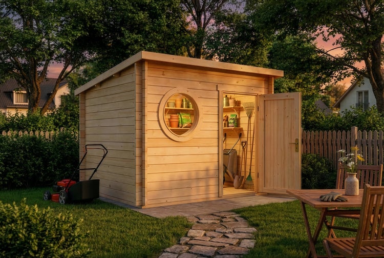 Holzgartenhaus mit Rundfenster und Tür