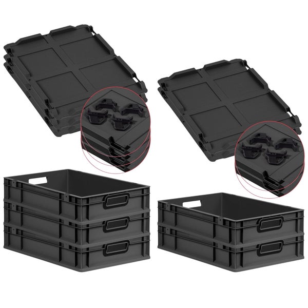 PROREGAL SparSet 5x Eurobox NextGen Color mit Auflagedeckel und Schiebeschnappverschlüsse, HxBxT 12x40x60cm, 23 Liter, Schwarz, Griffe schwarz offen, Eurobehälter, Transportbox, Transportbehälter, Stapelbehälter