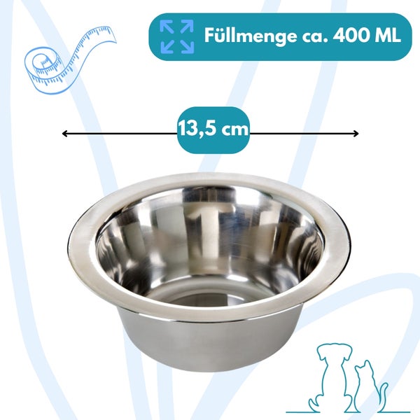 Edelstahlnapf mit einem Fassungsvermögen von circa 400 ml und einem Durchmesser von 13,5 cm