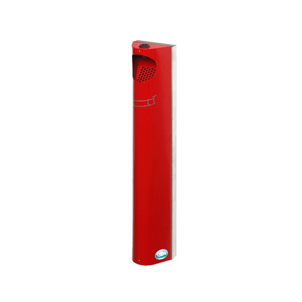 Standascher aus Metall in Rot mit Zigarettensymbol und perforierter Einwurföffnung. VAR Logo.