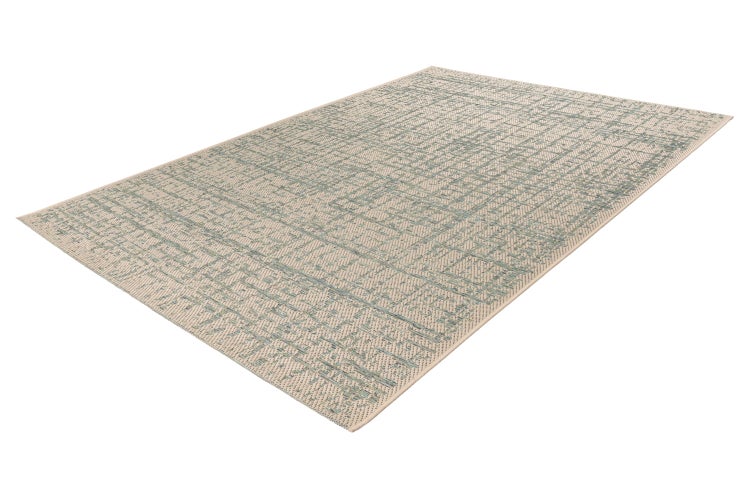 Rechteckiger Teppich mit abstraktem Muster und strukturierter Oberfläche in perspektivischer Ansicht.
