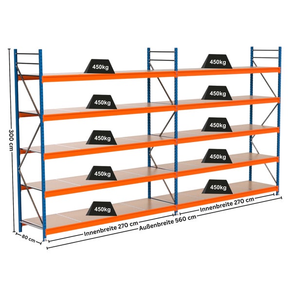 Regal mit fünf Ebenen und Maßangaben zur Innen- und Außenbreite sowie zur Höhe