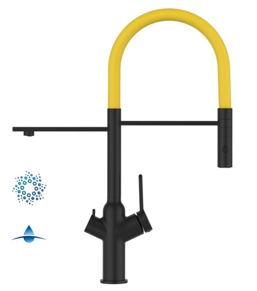 4 Wege Wasserhahn Küchenarmatur, BOD, mit 360° schwenkbarem Auslauf, abnehmbare 2 strahl Handbrause, Schwarz Matt / Gelb