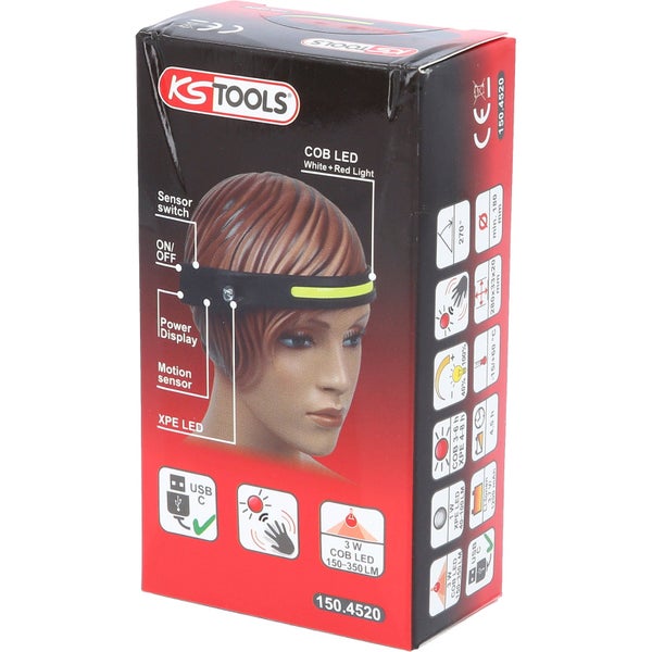 KS Tools Logo auf der Verpackung einer 270 Grad Outdoor-Kopflampe mit Bewegungssensor, 350 Lumen Lichtleistung und verschiedenen Leuchtmodi.