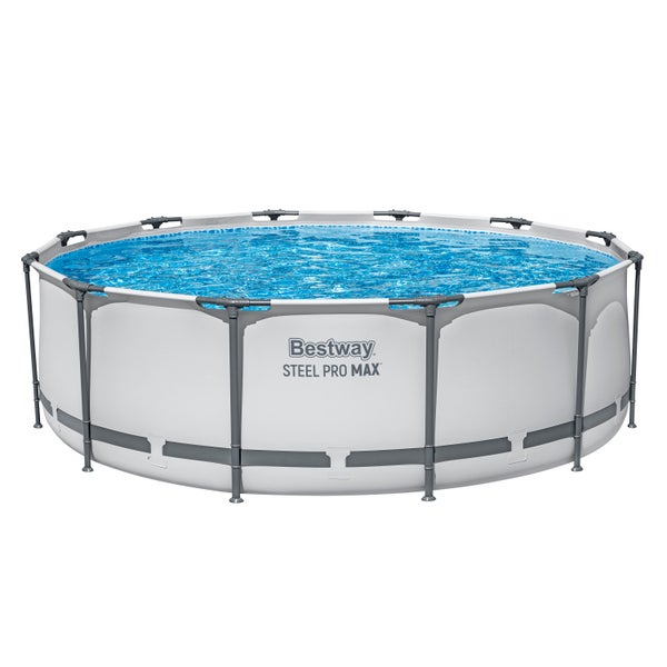Bestway Steel Pro Max runder Rahmenpool mit grauem Stahlrahmen und weißer Außenwand.
