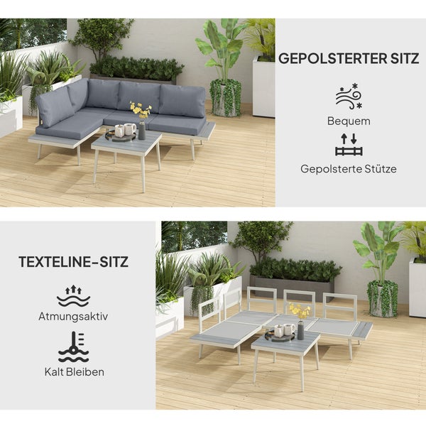 Outsunny Gartenmöbel Set 4 Personen wetterfest Balkonmöbel-Set mit 2er Sofa, Kissen Beistelltisch Stahl Outdoor Sitzgruppe Terrassenmöbel Gartengarnitur Gartenlounge für Garten Terrasse Grau