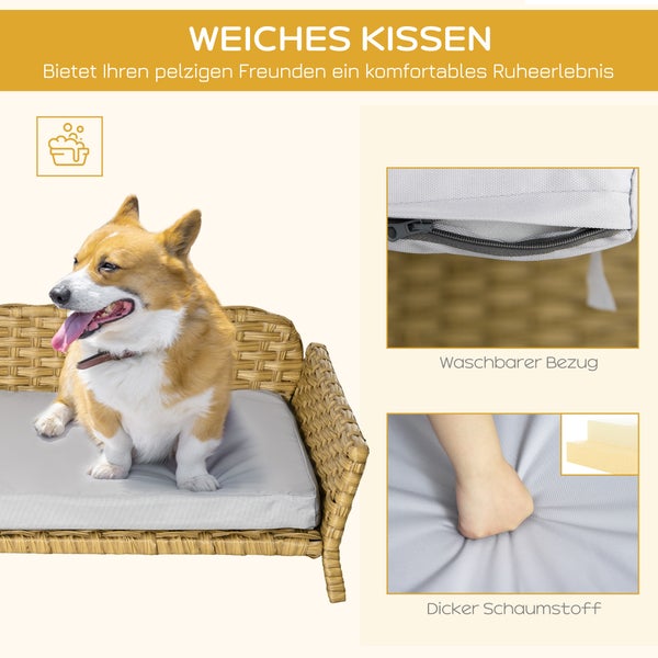 PawHut Rattan Hundesofa, 84B x 53T x 25H cm, Stahl, Oxford, PE-Rattan, Schaumstoff, Gelb+Grau