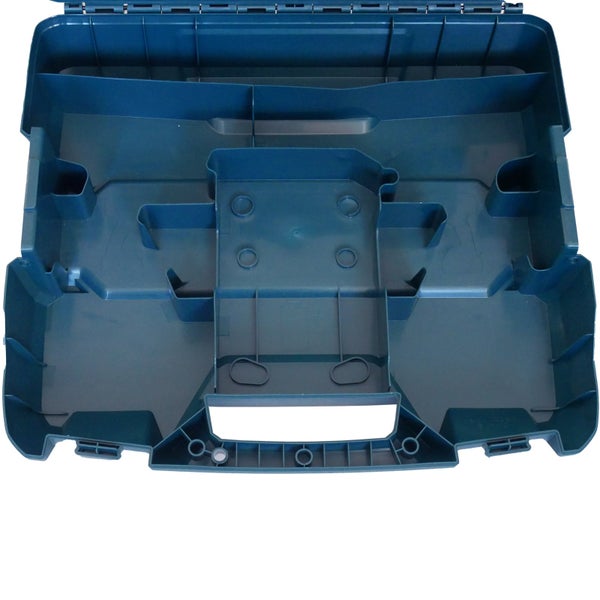 Blaue Werkzeugkoffereinlage aus Kunststoff mit verschiedenen Fächern zur Aufbewahrung und Organisation von Werkzeugen.