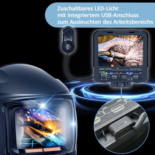 Schweißhelm mit zuschaltbarer LED Arbeitsleuchte und USB Anschluss für das Schweißen