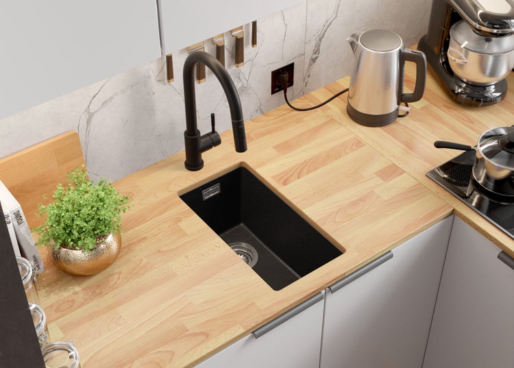 PRIMAGRAN Unterbauspüle Granit Schwarz Metallic 26x47cm, Spülbecken 1 Becken + Küchenarmatur 32x20cm + Ablauf-Set, Granitspüle ab 30er Unterschrank - London