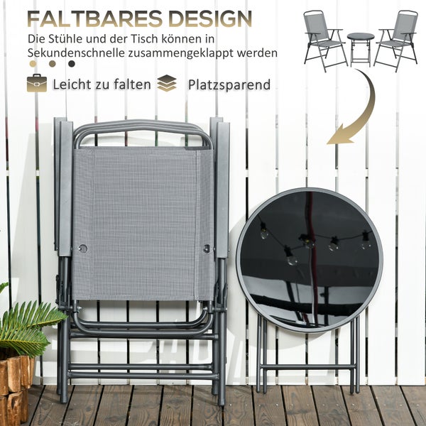 Outsunny Sitzgruppe 3tlg., Klappbares Balkonmöbel-Set inkl. 1 Tisch, 2 Stühlen, 50L x 50B x 72H cm, Mesh, Hellgrau