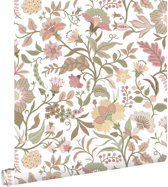 Vliestapete mit floralem Muster im Vintage-Stil, verschiedene Blüten und Blätter.