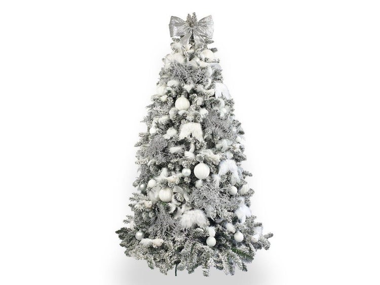 Künstlicher Weihnachtsbaum mit Schneeoptik und Dekoration, inklusive Schleife an der Spitze, weihnachtliche Dekoration.