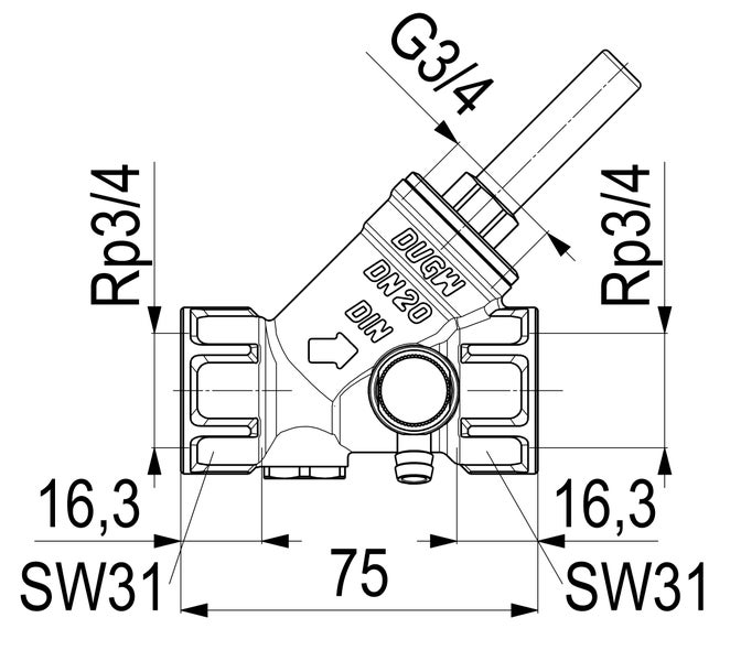 Technische Zeichnung eines Schrägsitzventils mit Maßangaben in Millimetern wie 75 und DN20 sowie Gewindeanschlüssen Rp 3/4 und G 3/4.