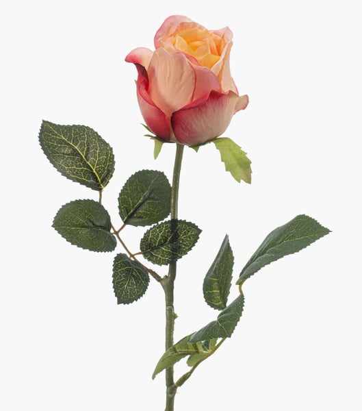 Künstliche Rose mit grünem Stiel und Blättern, Blüte in Gelb-Orange-Rot-Farbverlauf.