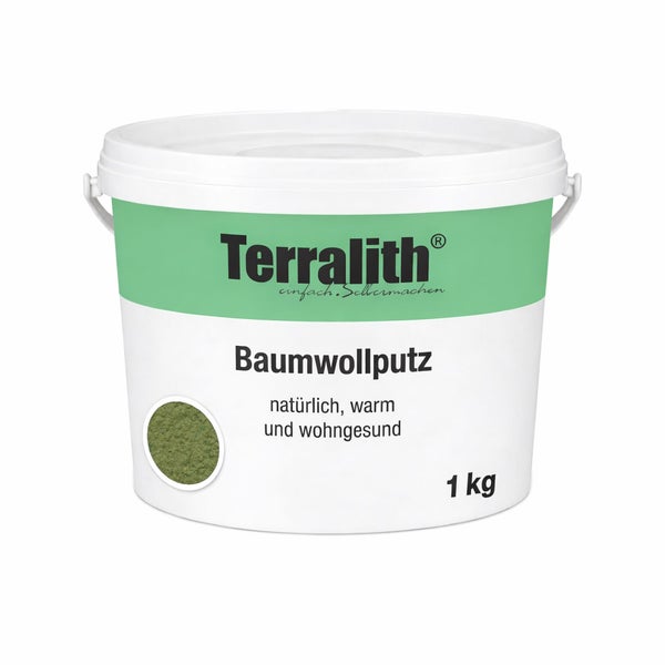 Terralith Baumwollputz im 1 Kilogramm Eimer für die dekorative Wandbeschichtung.