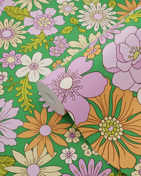 Rolle grüne Tapete mit großem Blumenmuster