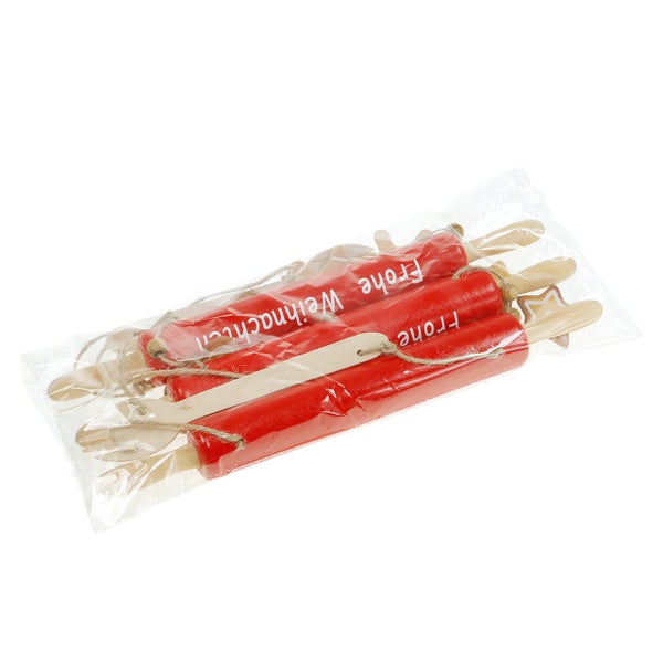 Verpackung mit drei Miniatur-Teigrollern aus Holz mit der Aufschrift 'Frohe Weihnachten' als Weihnachtsdekoration