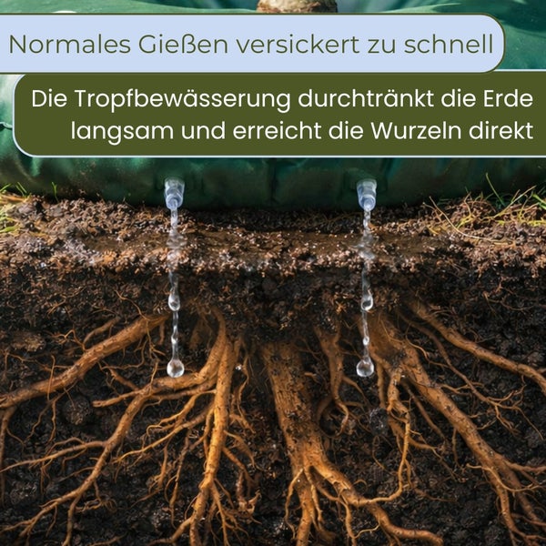 Bewässerungsbeutel für Bäume und Sträucher mit zwei Spezialdüsen für punktgenaue Wasserabgabe direkt in die Erde.