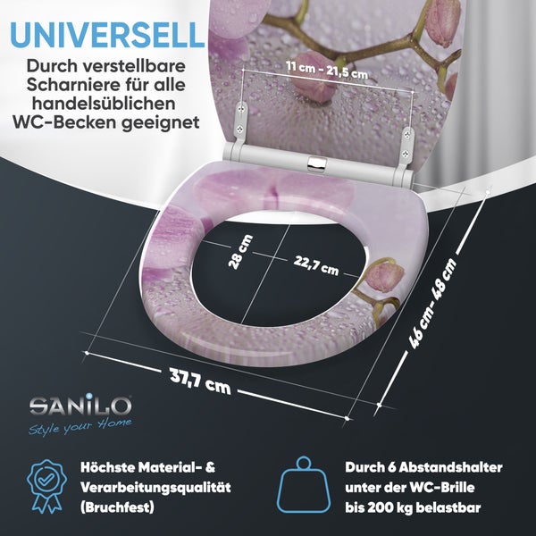 SANILO Toilettensitz Orchideen-Motiv, Breite 37,7 Zentimeter, Länge 46 bis 48 Zentimeter, verstellbare Scharniere, belastbar bis 200 Kilogramm, bruchfest.