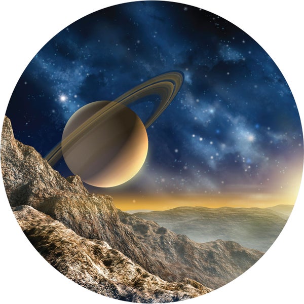 Illustration von Saturn über einer Felslandschaft