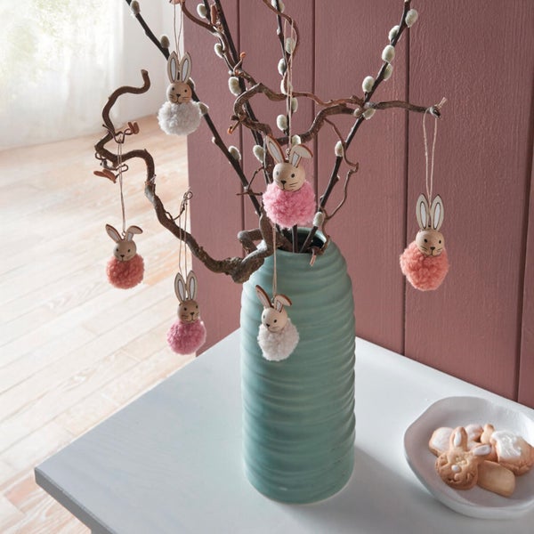 FRANK FLECHTWAREN|Osterhänger Plüschhäschen, 6er Set, 3 x 2 x 6 cm, HOLZ, POLYESTER, JUTE