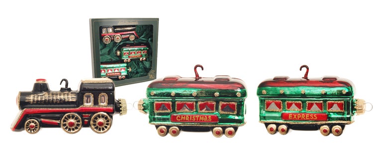 Xmas Nachtzug, 3-teilig, 1 Lokomotive, 2 Weihnachtsexpress Wagons, schwarz/grün/rot je 15cm, 3 Stck., Weihnachtsbaumkugeln, Christbaumschmuck, Weihnachtsbaumanhänger