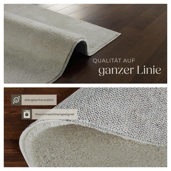 Weicher Teppich auf Holzboden, Nahaufnahme von Textur und Rückseite, allergikerfreundlich und waschmaschinengeeignet.