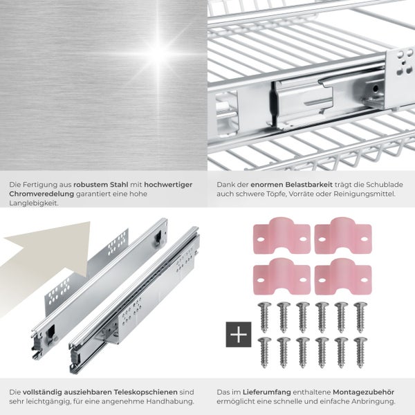 Merkmale einer Stahlschublade mit Chromveredelung, Teleskopschienen, Befestigungsmaterial