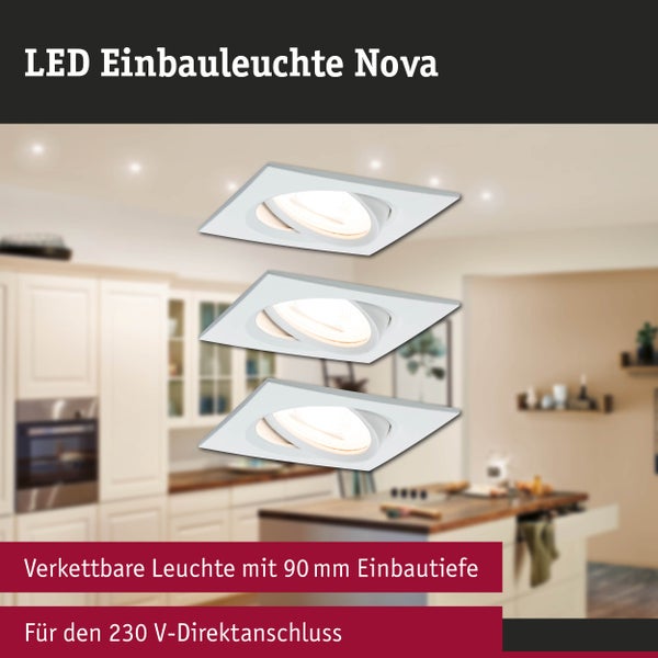 Drei quadratische, schwenkbare LED Einbauleuchten Nova für 230 Volt Direktanschluss in einer hellen, organisierten Küche.