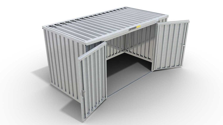 Lagercontainer Gerätehaus XXL  – 12 qm, H2115 x B6080 x T2170 mm, verzinkt, ohne Fußboden, 2750 mm Doppelflügeltür mittig in Breitseite, zerlegt