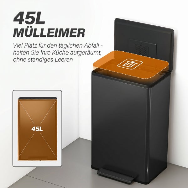 Rechteckiger 45 Liter Treteimer für die Küche mit aufklappbarem Deckel und Fußpedal zur hygienischen Abfallentsorgung.