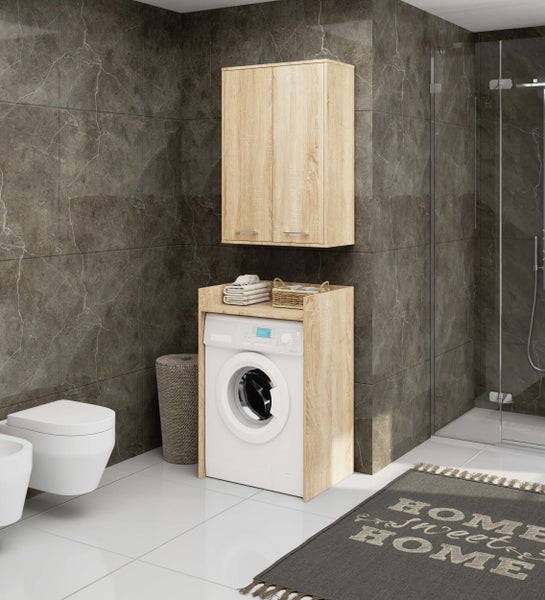 Modernes Badezimmer mit Waschmaschine, Waschbecken, Toilette, Duschkabine und Holzschränken.