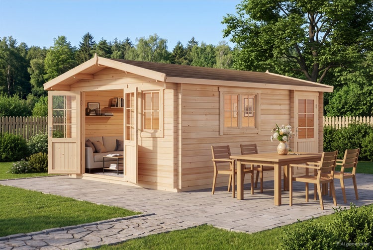 Holzgartenhaus mit Satteldach und offener Doppeltür auf einer Steinterrasse mit Holzmöbeln im Garten.