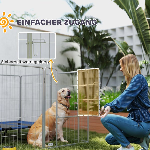 PawHut Welpenauslauf 100 cm Hoch, 8-TLG Hundelaufstall Welpenlaufstall mit Gurt und Tür, Freilaufgehege für kleine bis große Hunde, Meerschweinchen, Kaninchen, Stahl, Silber