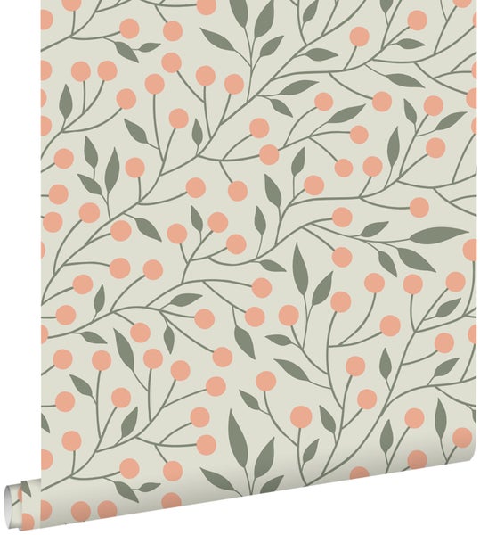 ESTAhome Tapete Blumenmuster Graugrün und Pfirsichrosa - 53 cm x 10.05 m - 139659