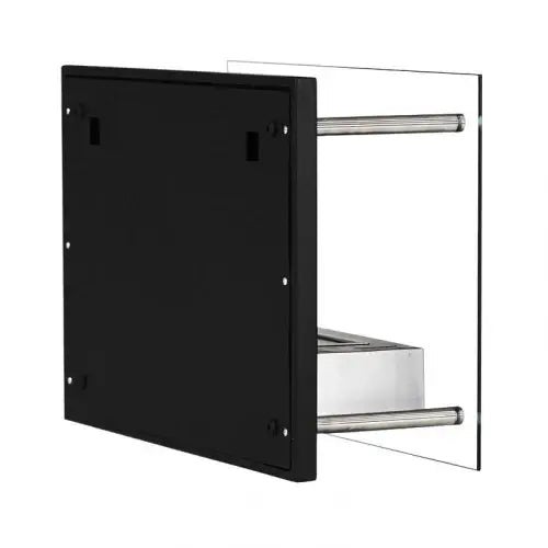 Bio-Ethanol Wandkamin mit schwarzem Metallrahmen und Sicherheitsglas, Seitenansicht mit sichtbarer Brennkammer und Rückwand.